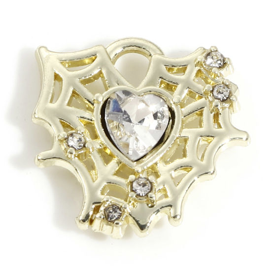 Picture of Zinc Based Alloy Halloween Charms Light Golden Halloween Cobweb Heart Clear Rhinestone 16mm x 16mm, 5 PCs