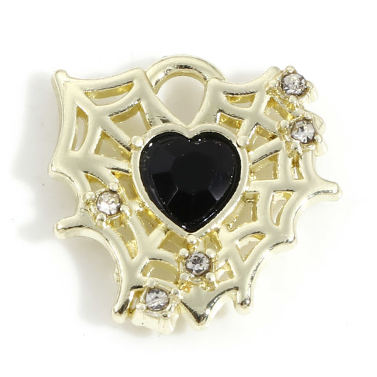 Picture of Zinc Based Alloy Halloween Charms Light Golden Halloween Cobweb Heart Black Rhinestone 16mm x 16mm, 5 PCs