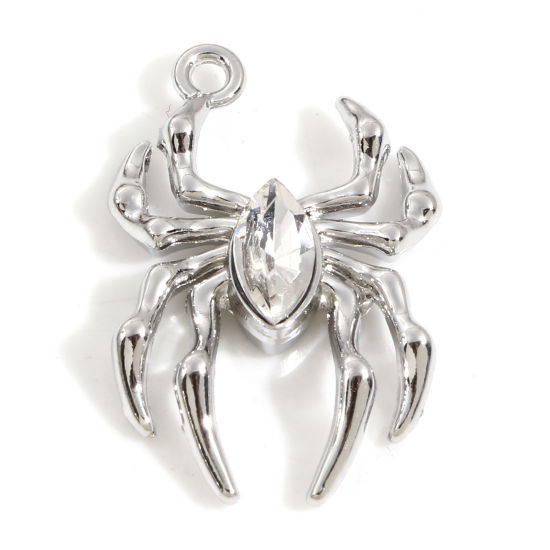 Imagen de Zamak Halloween Colgantes Charms Tono de Plata Halloween Araña Transparente Rhinestone) 26mm x 17mm, 10 Unidades