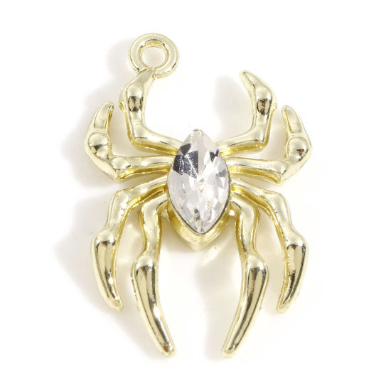 Imagen de Zamak Halloween Colgantes Charms Oro Claro Halloween Araña Transparente Rhinestone) 26mm x 17mm, 10 Unidades