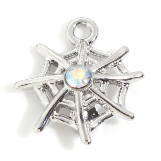Immagine di Lega di Zinco Halloween Charms Tono Argento Ragnatela Trasparente Strass 16mm x 15mm, 10 Pz