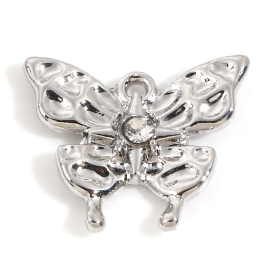 Immagine di Lega di Zinco Charms Tono Argento Farfalla Trasparente Strass 18mm x 16mm, 10 Pz