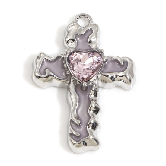 Immagine di Lega di Zinco Religione Charms Tono Argento Rosa Chiaro Croce Rosa Chiaro Strass Smalto 28mm x 19mm, 5 Pz
