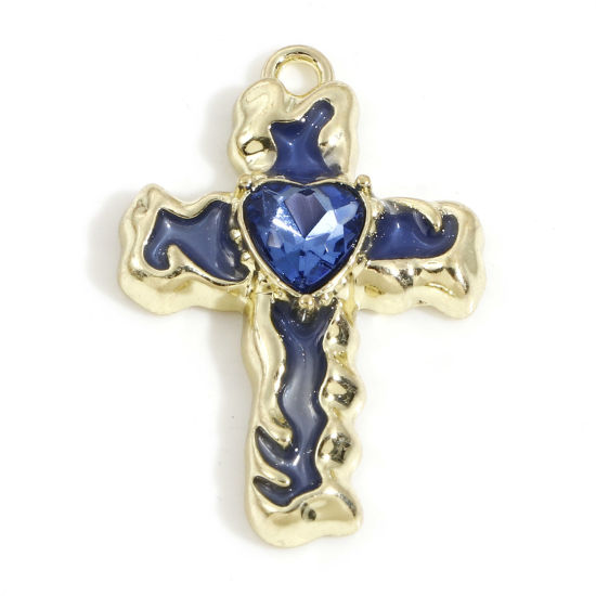 Immagine di Lega di Zinco Religione Charms Oro Chiaro Blu Croce Blu Strass Smalto 28mm x 19mm, 5 Pz