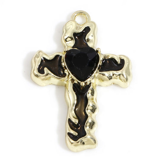 Immagine di Lega di Zinco Religione Charms Oro Chiaro Nero Croce Nero Strass Smalto 28mm x 19mm, 5 Pz
