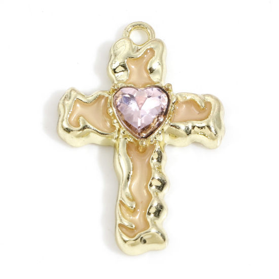 Immagine di Lega di Zinco Religione Charms Oro Chiaro Rosa Chiaro Croce Rosa Chiaro Strass Smalto 28mm x 19mm, 5 Pz