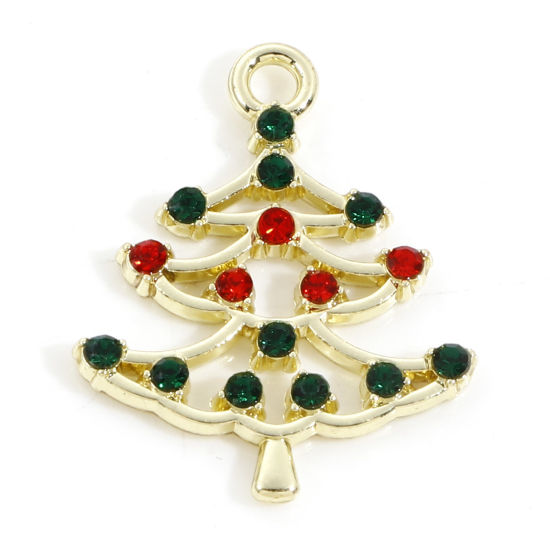 Picture of Zinc Based Alloy Christmas Charms Light Golden Christmas Tree Hollow Red & Green Rhinestone 22mm x 17mm, 10 PCs