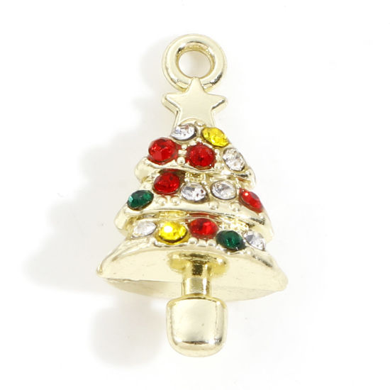 Picture of Zinc Based Alloy Christmas Charms Light Golden Christmas Tree 3D Multicolor Rhinestone 21mm x 11mm, 10 PCs