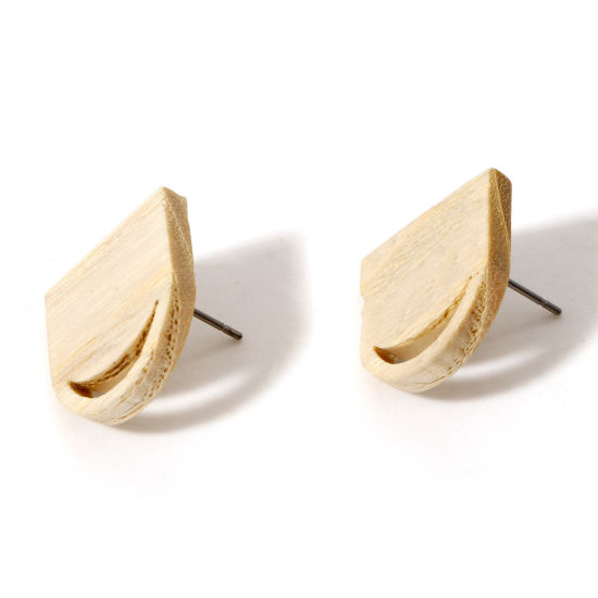 Imagen de Madera de Fresno Serie de Geometría Pendientes Media elipse Blanco Crema Luna Con Lazo 17mm x 17mm, Post/ Wire: (21 gauge), 10 Unidades
