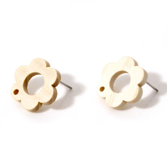 Imagen de Madera de Fresno Serie de Geometría Pendientes Flor Blanco Crema Con Lazo 18mm x 16mm, Post/ Wire: (21 gauge), 10 Unidades