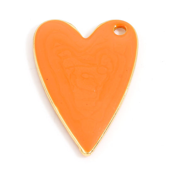 Picture of Zinc Based Alloy Enamelled Sequins Charms Gold Plated Orange Heart 29mm x 20mm, 10 PCs
