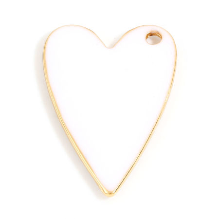 Bild von Zinklegierung Emaillierte Pailletten Charms Vergoldet Weiß Herz 29mm x 20mm, 10 Stück
