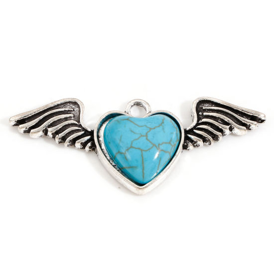 Imagen de Zamak Bohemia Colgantes Plata Antigua Verde Azul Corazón Ala Con Resina Cabochons Imitación Turquesa 5.2cm x 2.2cm, 5 Unidades
