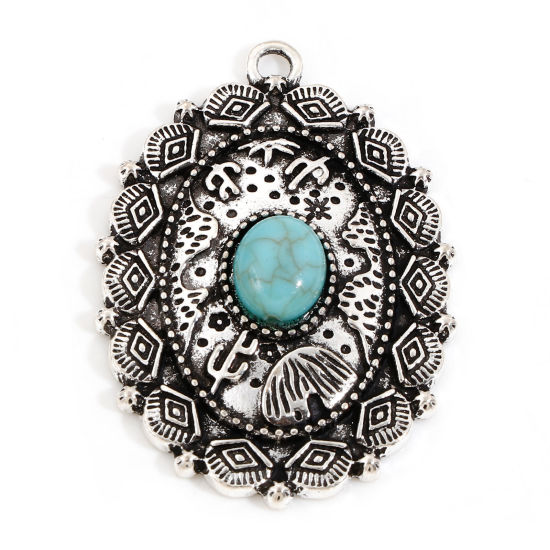 Imagen de Zamak Bohemia Colgantes Plata Antigua Verde Azul Óvalo Ojo Con Resina Cabochons Imitación Turquesa 4.4cm x 3.1cm, 5 Unidades