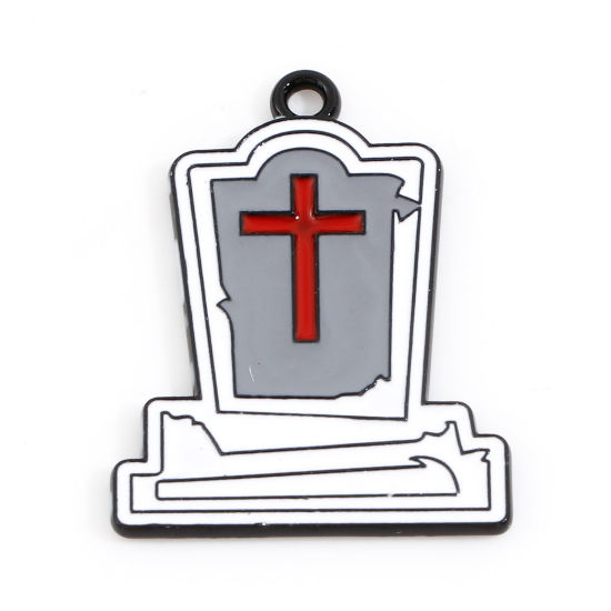 Bild von Zinklegierung Halloween Charms Weiß & Rot Kreuz Halloween Grabstein Emaille 25mm x 19mm, 10 Stück