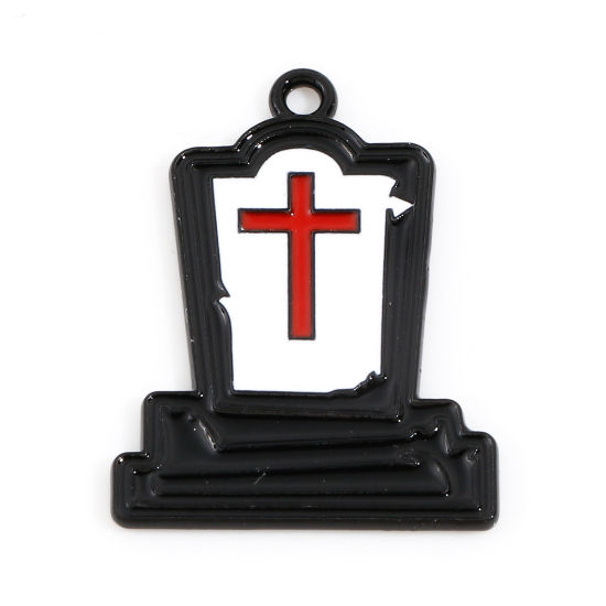 Bild von Zinklegierung Halloween Charms Schwarz & Rot Kreuz Halloween Grabstein Emaille 25mm x 19mm, 10 Stück