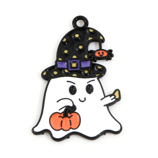 Bild von Zinklegierung Halloween Charms Schwarz & Orange Halloween Elfe Halloween Kürbis Emaille 25mm x 17mm, 10 Stück