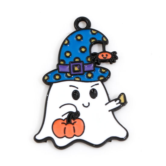 Bild von Zinklegierung Halloween Charms Blau & Orange Halloween Elfe Halloween Kürbis Emaille 25mm x 17mm, 10 Stück