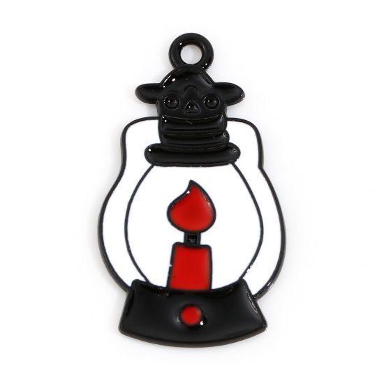 Bild von Zinklegierung Halloween Charms Schwarz & Weiß Kerosinlampe Emaille 28mm x 16mm, 10 Stück