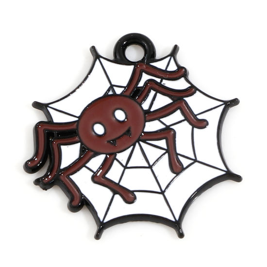 Bild von Zinklegierung Halloween Charms Weiß & Kaffee Halloween Spinne Halloween Spinnennetz Emaille 20.5mm x 20mm, 10 Stück