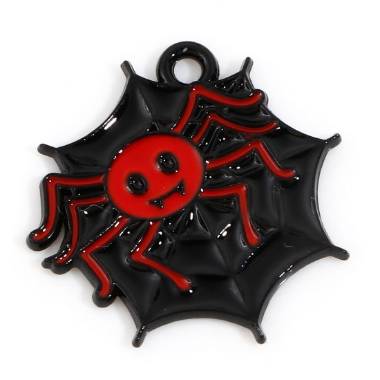 Bild von Zinklegierung Halloween Charms Schwarz & Rot Halloween Spinne Halloween Spinnennetz Emaille 20.5mm x 20mm, 10 Stück