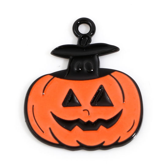 Bild von Zinklegierung Halloween Charms Orange Kürbis Emaille 23.5mm x 20mm, 10 Stück