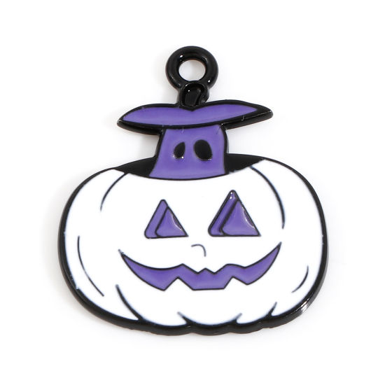Bild von Zinklegierung Halloween Charms Lila Kürbis Emaille 23.5mm x 20mm, 10 Stück