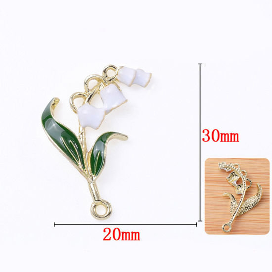 Image de Pendentifs en Alliage de Zinc Or Clair Blanc & Vert Fleur de Muguet Feuilles de Fleur Émail 3cm x 2cm, 5 Pcs