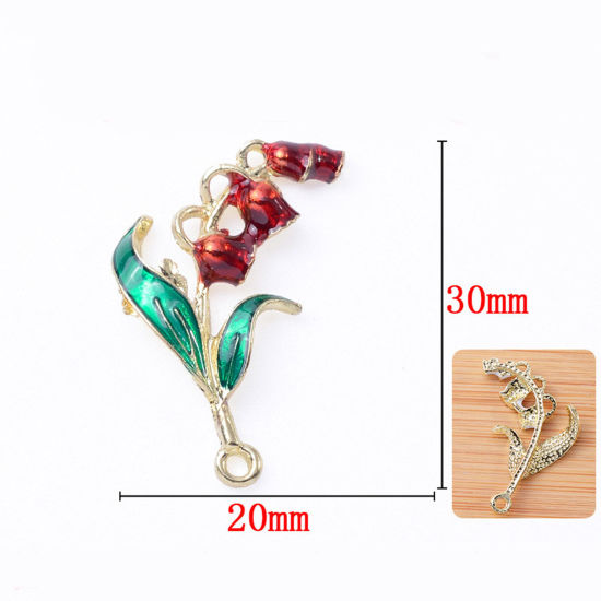 Image de Pendentifs en Alliage de Zinc Or Clair Rouge & Vert Fleur de Muguet Feuilles de Fleur Émail 3cm x 2cm, 5 Pcs