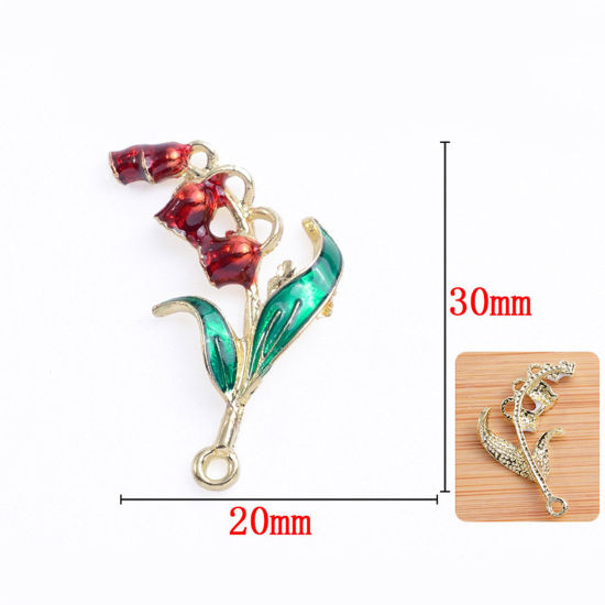 Image de Pendentifs en Alliage de Zinc Or Clair Rouge & Vert Fleur de Muguet Feuilles de Fleur Émail 3cm x 2cm, 5 Pcs