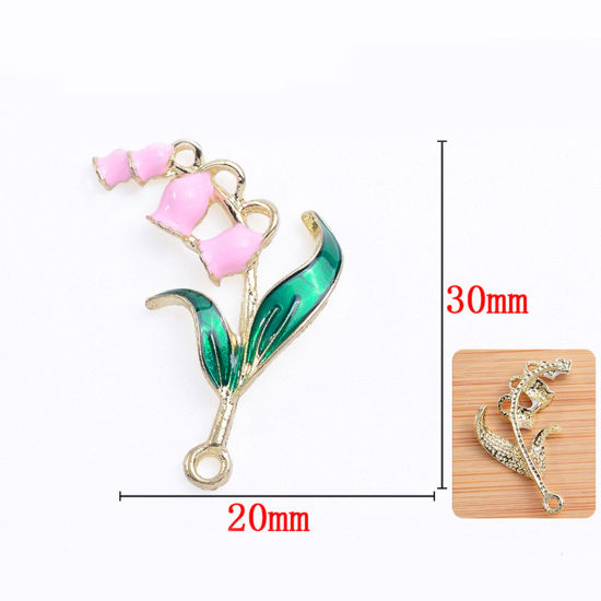 Image de Pendentifs en Alliage de Zinc Or Clair Rose & Gris Fleur de Muguet Feuilles de Fleur Émail 3cm x 2cm, 5 Pcs