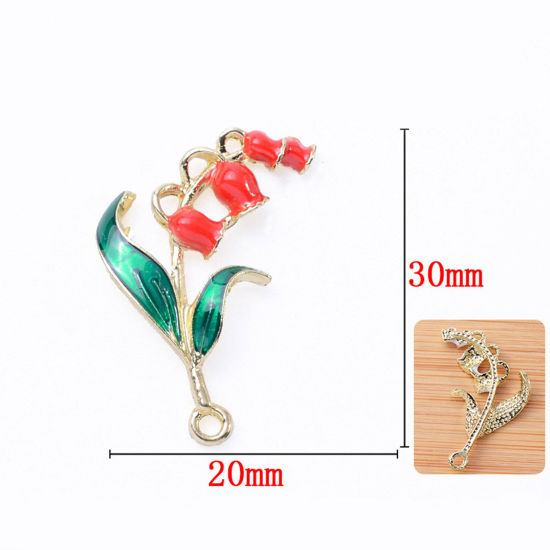 Image de Pendentifs en Alliage de Zinc Or Clair Rouge & Vert Fleur de Muguet Feuilles de Fleur Émail 3cm x 2cm, 5 Pcs