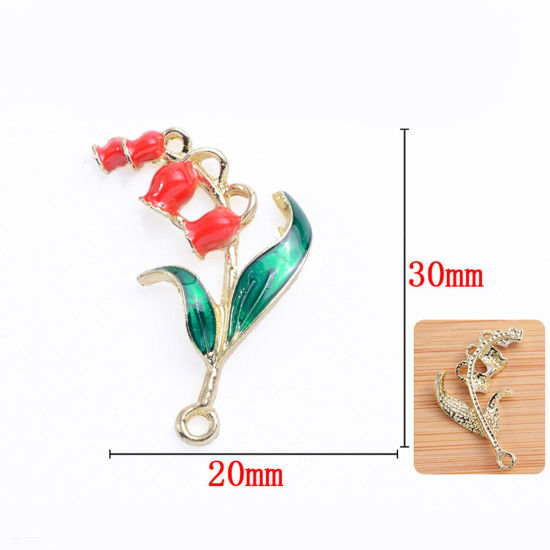 Image de Pendentifs en Alliage de Zinc Or Clair Rouge & Vert Fleur de Muguet Feuilles de Fleur Émail 3cm x 2cm, 5 Pcs