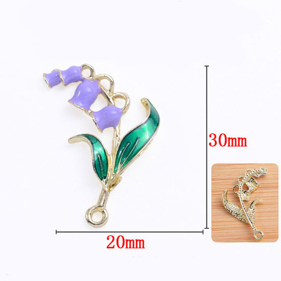 Image de Pendentifs en Alliage de Zinc Or Clair Violet & Vert Fleur de Muguet Feuilles de Fleur Émail 3cm x 2cm, 5 Pcs