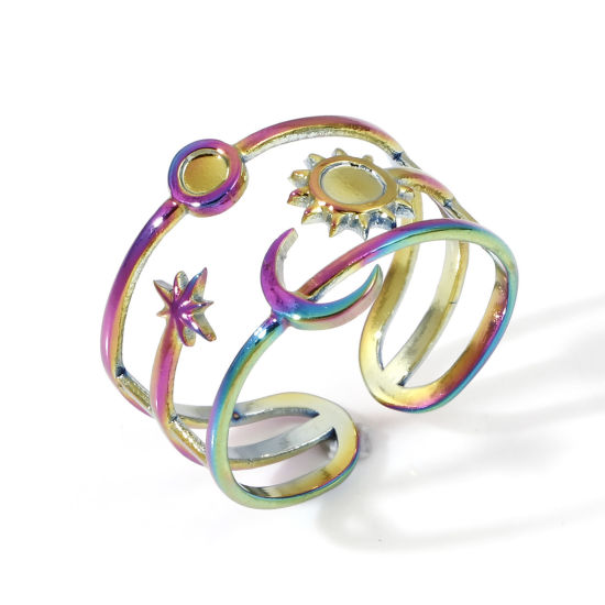 Bild von 1 Stück Umweltfreundliche PVD-Vakuumbeschichtung 304 Edelstahl Offen Ring Regenbogenfarbe Plattiert Sonne & Mond Cabochon Fassung (Für 3mm 2.5mm) 16.9mm（US Größe:6.5)