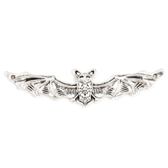 Picture of Zinc Based Alloy Halloween Connectors Charms Pendants Antique Silver Color Halloween Bat Animal 6.5cm x 1.7cm, 10 PCs