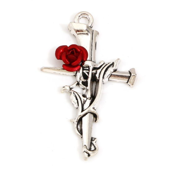 Immagine di Lega di Zinco Religione Ciondoli Argento Antico Croce Rosa 3.8cm x 2.3cm, 10 Pz