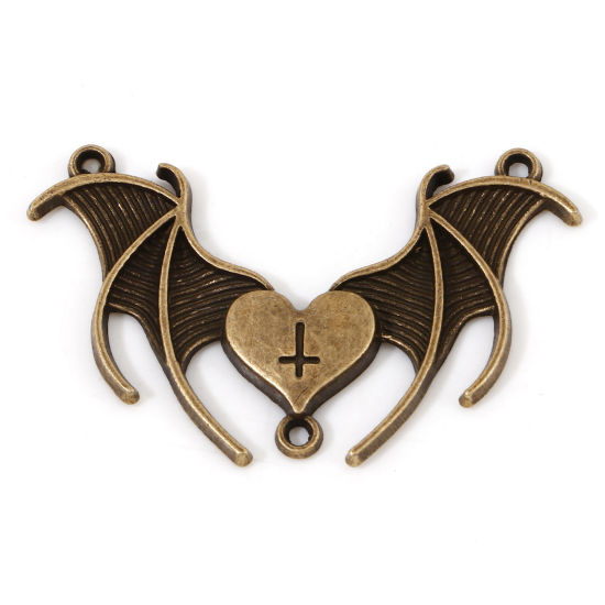 Picture of Zinc Based Alloy Religious Connectors Charms Pendants Antique Bronze Halloween Bat Animal Cross 4.2cm x 2.6cm, 10 PCs