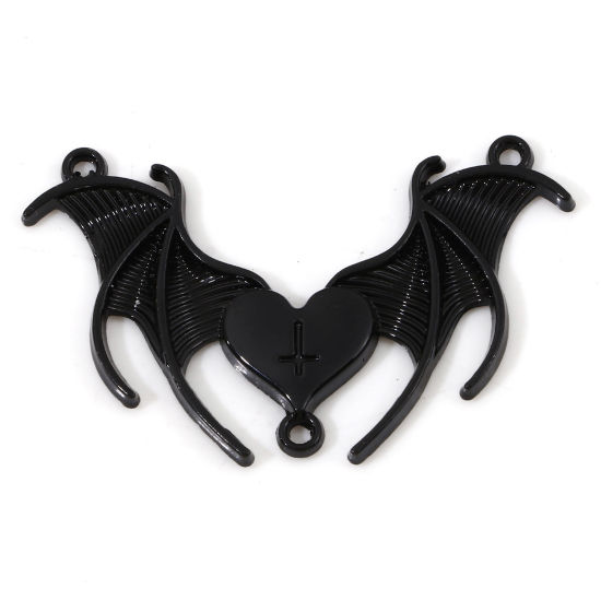 Picture of Zinc Based Alloy Religious Connectors Charms Pendants Black Halloween Bat Animal Cross 4.2cm x 2.6cm, 10 PCs