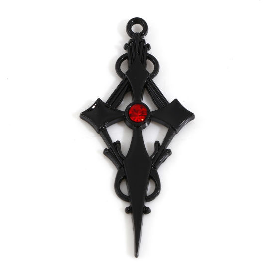 Picture of Zinc Based Alloy Religious Pendants Black Cross Enamel Red Rhinestone 2.2cm Dia., 4.8cm, 10 PCs