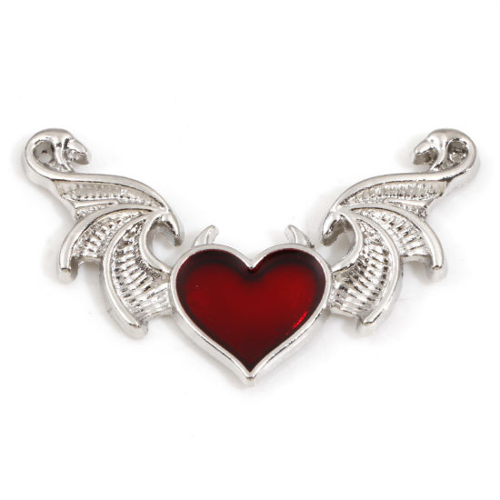 Picture of Zinc Based Alloy Connectors Charms Pendants Silver Tone Red Halloween Devil Wing Enamel 4cm x 2.5cm, 10 PCs