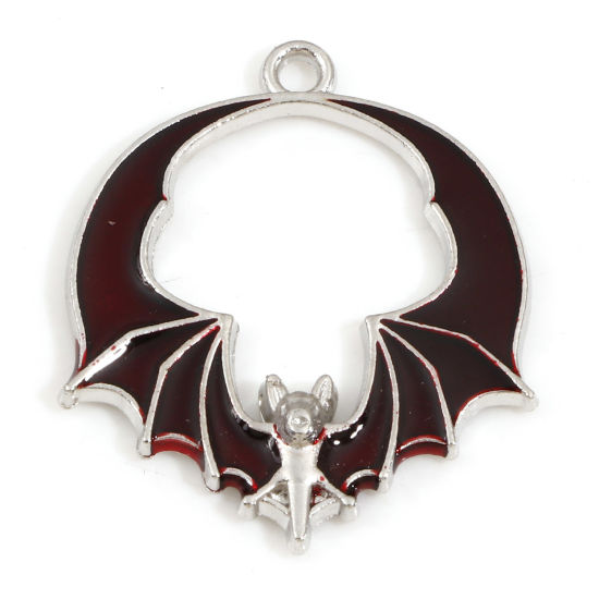 Bild von Zinklegierung Halloween Charms Silberfarbe Rot Halloween Fledermaus Emaille 28mm x 24mm, 10 Stück