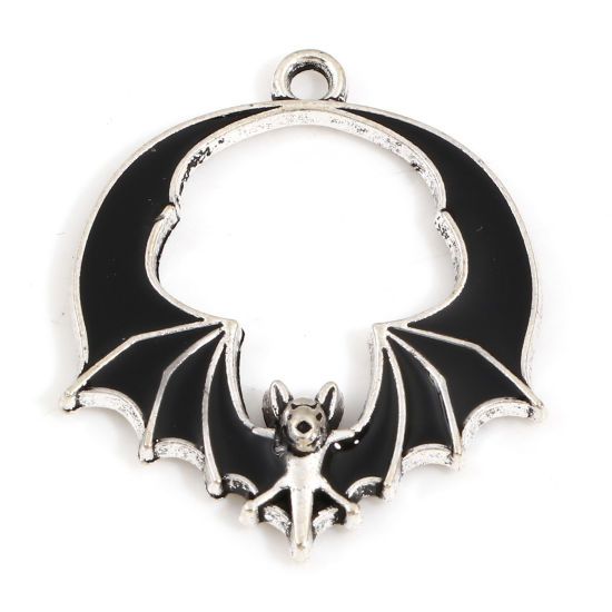 Bild von Zinklegierung Halloween Charms Silberfarbe Schwarz Halloween Fledermaus Emaille 28mm x 24mm, 10 Stück