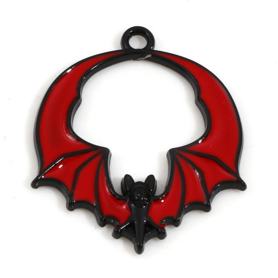 Bild von Zinklegierung Halloween Charms Schwarz Rot Halloween Fledermaus Emaille 28mm x 24mm, 10 Stück