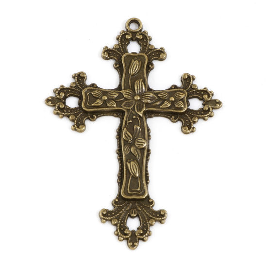 Picture of Zinc Based Alloy Religious Pendants Antique Bronze Cross Flower Vine 7.4cm x 5.3cm, 5 PCs