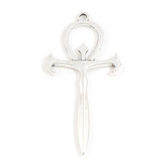 Picture of Zinc Based Alloy Religious Pendants Antique Silver Color Ankh Egyptian Cross 5.9cm x 2.8cm, 10 PCs