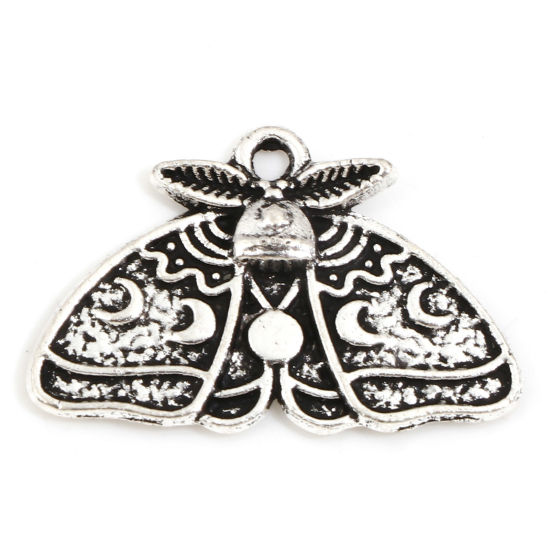 Picture of Zinc Based Alloy Insect Charms Antique Silver Color Moth Moon Phases 25mm x 16mm, 20 PCs