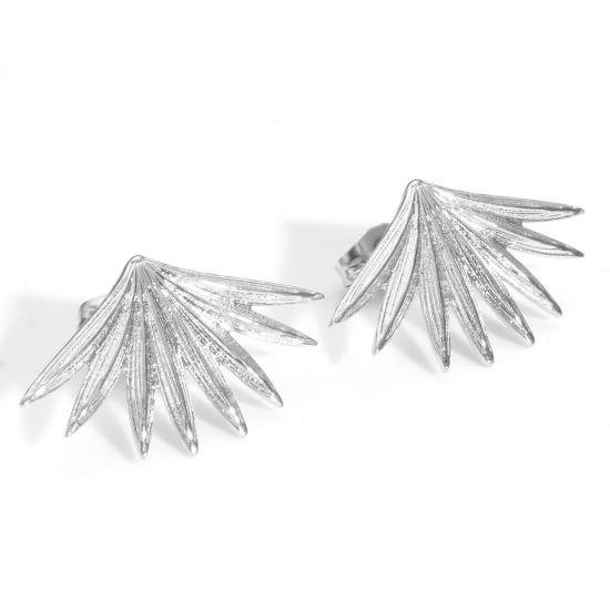 Image de Boucles d'Oreilles Puces en 304 Acier Inoxydable Collection Végétale Argent Mat Eventail Feuilles de Fleur avec Embouts 25mm x 15mm , Epaisseur de Fil: (21 gauge), 4 Pcs