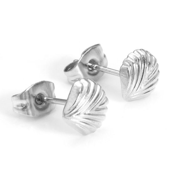 Image de Boucles d'Oreilles Puces en 304 Acier Inoxydable Bijoux d'Océan Argent Mat Coquille avec Embouts 7mm x 7mm , Epaisseur de Fil: (21 gauge), 4 Pcs