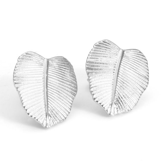 Image de Boucles d'Oreilles Puces en 304 Acier Inoxydable Collection Végétale Argent Mat Feuille avec Embouts 16mm x 14mm , Epaisseur de Fil: (21 gauge), 4 Pcs